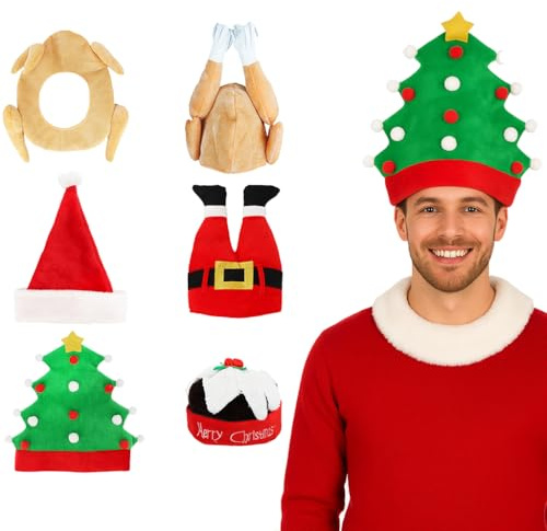 HENBRANDT Christmas Novelty Hat Collection - 6 Assorted Adult Festive Party Headwear Designs - Santa, Pudding, Elf & Xmas Tree Fancy Dress Costume Accessories