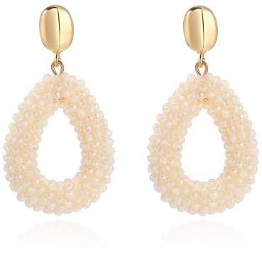 Beige Boho Ohrringe hängend für Damen,Tropfenförmige Reisperlen Leichte Ohrringe Eleganter Hingucker für Frauen Modischer Schmuck