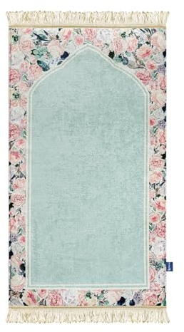 My Salah Mat Muslim Prayer Rug - Thick Large Adult Padded Sajadah for Men Women by Urban Rugs UK - Soft Islamic Mat Great for Knees Forehead Eid RamadanTravel (Soft Mint Floral)