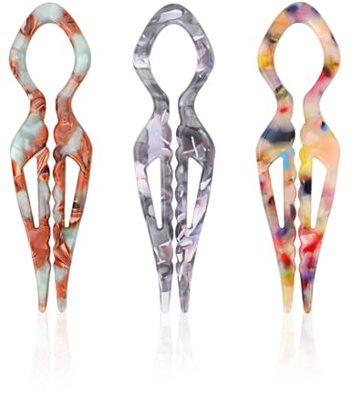 Fukaisu 3pcs French Twist Hair Pin, 3 Colors U-Shaped Magical Hair Grips Acetate Hairpin Clip for Women Friend Buns Accessories White Elephant Present
