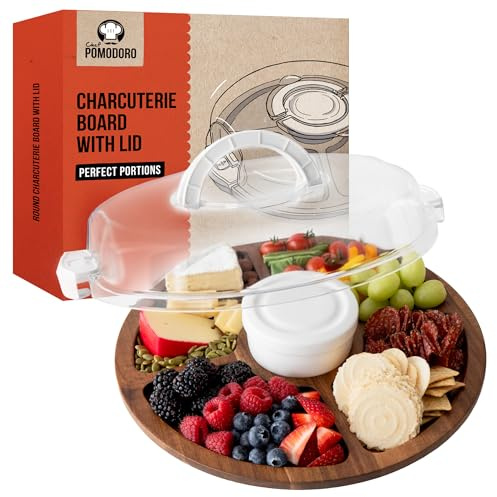 Chef Pomodoro Tagliere Aperitivo (34 cm), Tagliere da Cucina con coperchio, Vassoio da Portata per Formaggio, Aperitivo, Vassoio Legno, Porta Affettati per Frigorifero, Contenitori Affettati, Rotondo