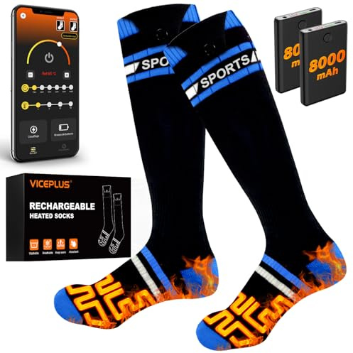 Calcetines Calefactables, VICEPLUS Calcetines Termicos 8000mAh Recargable con App Control, 360° Calefacción Electricos Calcetines Calefactables Mujer y Hombre para Esquí
