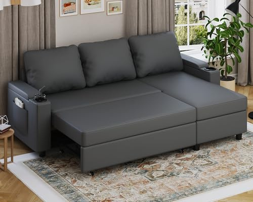 Devoko Canape Dangle Convertible, Canapé Convertible avec Rangement et Méridienne Réversible, Multifonctionnel Canape 3 Places Canapé Lit avec Accoudoirs pour Salon et Petit Appartement, Noir