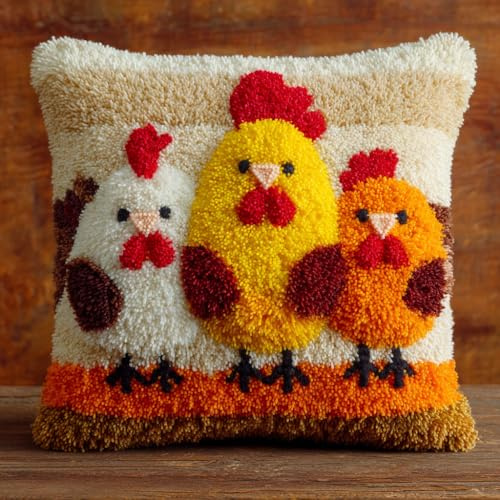Henypt Kissen Knüpfen Set Huhn Knüpfkissen-Sets,Kreuzstich Knüpfkissen Zum Selber knüpfen Kissen Set,Knüpfpackungen Für Anfänger 43x43cm