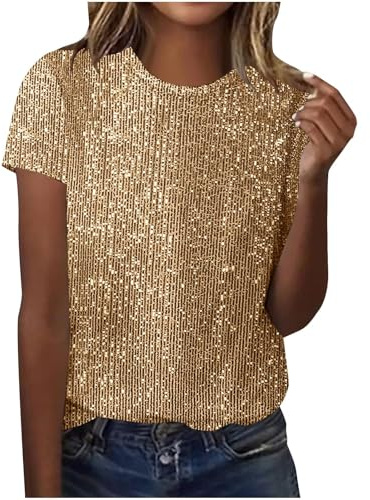 Haut à paillettes pour femme à manches courtes avec col rond scintillant - Haut de fête décontracté pour les occasions festives, les soirées et les célébrations - Coupe ample confortable