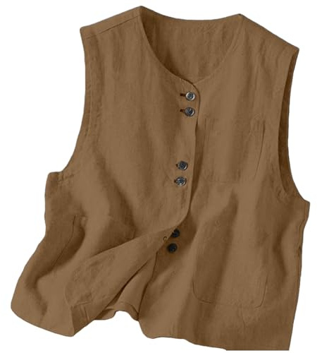 ZTFYKLIN Camiseta Sin Mangas Mujer Chaleco De Lino Y Algodón Para Mujer, Chaqueta Informal Con Botones, Ligera, Holgada, Verano (Coffee, Xxl) Camisetas Tirantes Algodon Azules Tecnica Polo