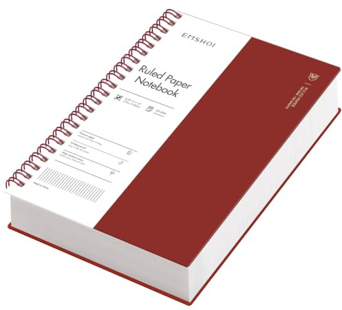 EMSHOI A4 Notebook Lined, Spiral Journal, 300 Pages, PVC Cover, Wine Red | 100GSM Paper, Flexible Plastic Cover, Notepad with Sticky Notes, Pocket, Pen Loop, Bookmark Ruler for Writing, 21 x 28.5cm