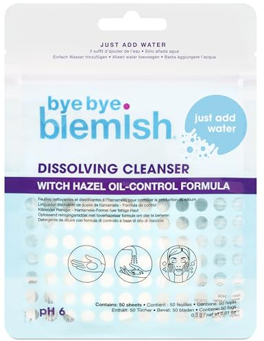 Bye Bye Blemish Dissolving Cleanser Sheets – Witch Hazel Oil-Control Face Wash, Water-Activated Facial Paper Soap for Acne-Prone Skin, Removes Dirt & Excess Oil, 50 pcs