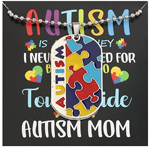 Autism Puzzle Piece Dog Tag Necklace Asperger Awareness Jewelry Gift for Autism Mom (Autism dog N card eu)