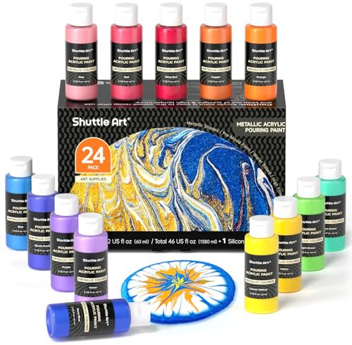 Shuttle Art Metallic Pouring Acrylfarben Set, 24 Stück Acrylic Pouring Farben in Flaschen (je 60m/2oz) mit Silikonöl, vorgemischtes Acryl Farben Pouring für Leinwand Holz Stein Papier, Künstlerbedarf