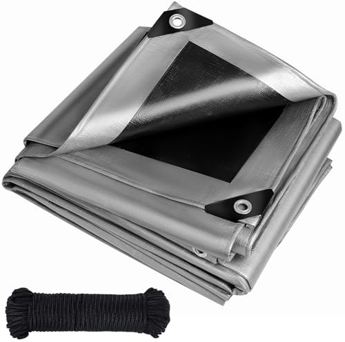 Tarpaulin heavy duty 260 g/m²,Reinforced Eyelets,Weatherproof dust snow UV,for groundsheet Outdoor Camping Garden Furniture pool Building site Caravan Boat Universal cover(Silver-black, 2m X 4m)