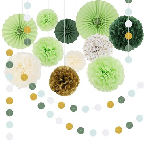 19 Stück Pompons Deko Seidenpapier Set Mit Papierfächer, Geburtstagsparty Deko, Seidenpapier Pompons In Gold/Grün/Beige, Papierblumen Deko In 3 Größ, Pompom Girlande Für Gartenparty Deko Geburtstag