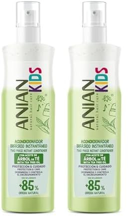 ANIAN KIDS - Acondicionador Bifásico Árbol de Té, 250 ml, Ideal para Niños, Acondicionador sin Aclarado de Uso Diario, Protege Contra los Piojos, Desenreda y Facilita el Peinado (Paquete de 2)