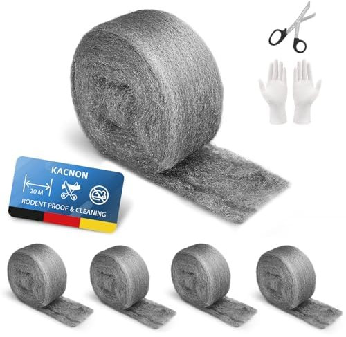 KACNON 000 lana de acero, 5 rollos de lana de acero de 20 m contra ratones, con guantes y tijeras, lana de acero inoxidable fina contra roedores, lana de acero, para agujeros y grietas en la pared,