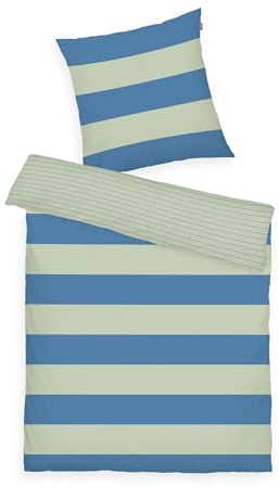 Herding Tom Tailor Linge de Lit Renforcé, 65x100 cm + 160x210 cm, 100% Coton/Renforcé, Motif Réversible et Fermeture Eclair de Couleur, Bold Stripes Vert, Bleu (Green Leaf & Cool Blue)