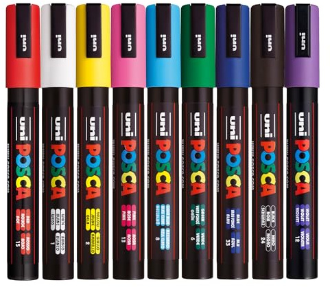 Posca PC-5M Medium Tip, 9 Standard Acrylic Paint Marker Pens, Standard Colours, For All Surfaces (Pack of 9 Pens)