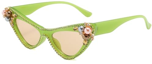 Long Keeper Gafas de Sol de Diamantes de Imitación para Mujer, Gafas de Sol de Ojo de Gato con Perlas de Lujo, Gafas Brillantes para Fiestas y Festivales Protección UV400 (Champán Verde)