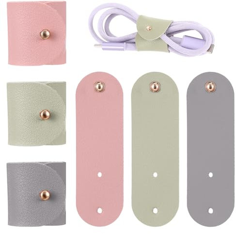 6 Pcs Leather Cord Organizer，Reusable Cable Straps Phone Cord Organizer Cords Snap Cords Keepers for Travel USB Charging Straps Earphone Wrap(3 Color)