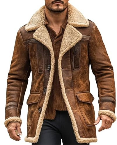 Giacca da uomo Smart Casual Vintage in finta pelle scamosciata, trench a manica lunga con colletto a V foderato in pile, giacche in morbido effetto velluto, Marrone, L