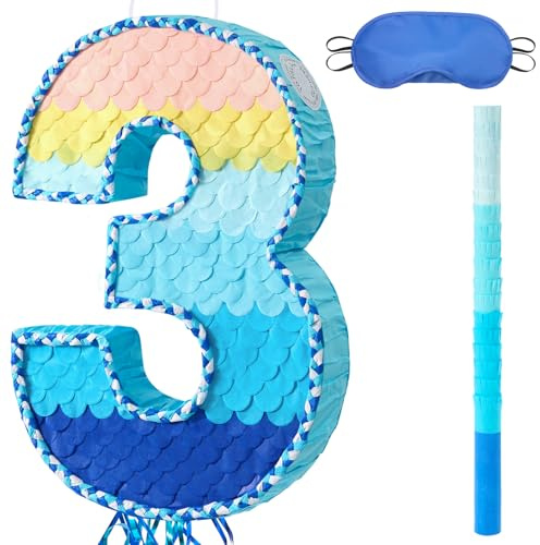 WERNNSAI Number 3 Pinata 3rd Birthday Decorations Blue Number Pinata | Three Party Supplies 3 Year Anniversary Decoration Photo Props Gradient with Blindfold and Stick