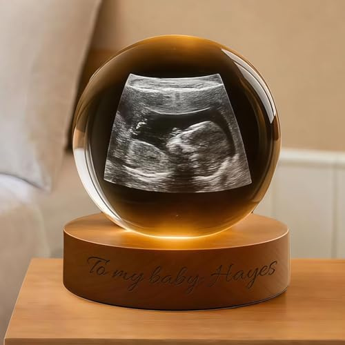 OVERHYPZ Foto Personalizada De Ecografía De Bebé En Bola De Cristal 3D Con Base LED, Luz Nocturna Esférica Personalizada, Esfera Conmemorativa Con Foto De Ecografía De Bebé(Colorful,8cm .15in)