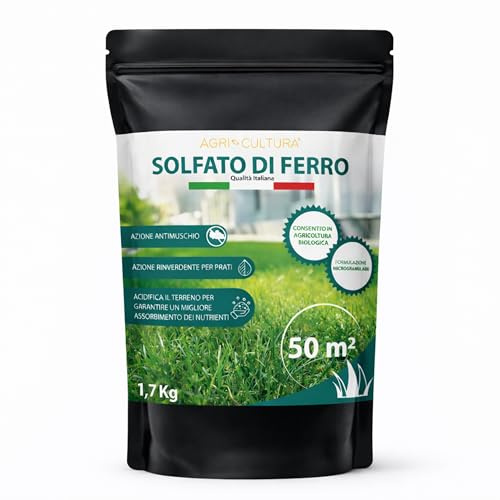 AGRI-CULTURA® | Solfato di Ferro per Prato 50m² | Antimuschio e Rinverdente Prato | Solfato Ferroso Ideale per Contrastare Ingiallimenti e Clorosi Ferrica.