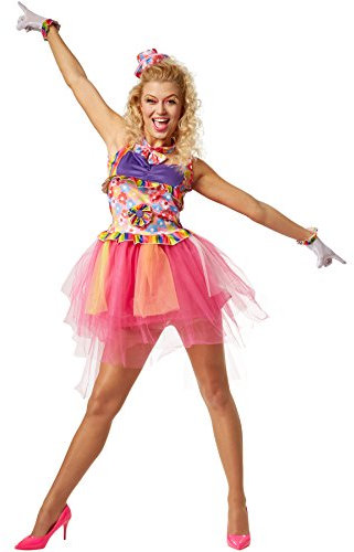 dressforfun Frauenkostüm Musikstar der 80er Jahre | Buntes Komplettkostüm mit Tüll | incl. Hütchen, Netzhandschuhe und Fliege mit Blumenmuster (M | no. 301683)
