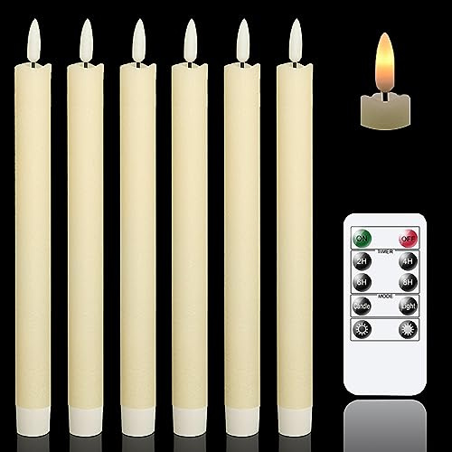 GenSwin Flameless Ivory Taper Candles with 10-Key Remote, Battery-Operated LED Warm 3D Wick Light, Window Candles, Real Wax (0.78 x 9.64 Inch), Christmas Home Wedding Decor