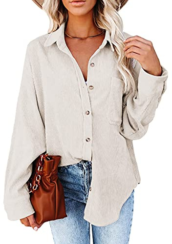 Necooer Camisas de pana acanalada de manga larga para mujer, albaricoque, L