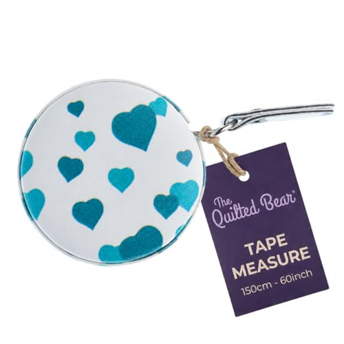 The Quilted Bear Heart Retractable Tape Measure with Double Sided Metric & Imperial for Sewing, Tailors or as a Body Measuring Tape 150cm/60 (Blue Hearts)