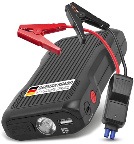 cartrend Jumpstarter mit integrierter Arbeitsleuchte, 3in1: Starthilfe, Taschenlampe, Powerbank, 600 A, schwarz