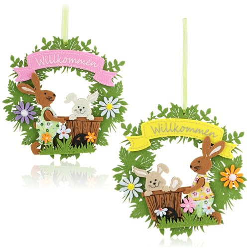 COM-FOUR® 2X pendentifs décoratifs en Feutre - Couronne de Porte et de fenêtre avec Inscription - Couronne de Feutre comme décoration de Pâques (02 pièces - Couronne de Feutre colorée)