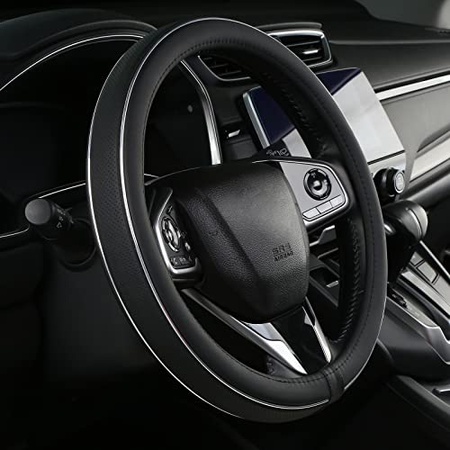 ALEMODR Black Leather Steering Wheel Cover Fiber Strip Car Steering Wheel Cover Universal 15 inch for Men