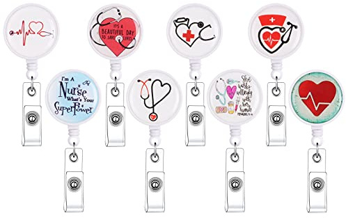 Vicloon Retractable Badge Holder, 8pcs Badge Reel Clips, Retractable Keyring Clip Cute Nursing ID Card Key