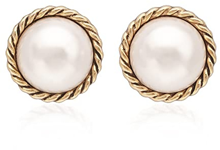 Mierfyni Large Pearl Earrings for Women - Chunky Statement Gold Pearl Stud Earrings, Faux Mabe Button Studs with Twist Trim, 14K Gold Plated