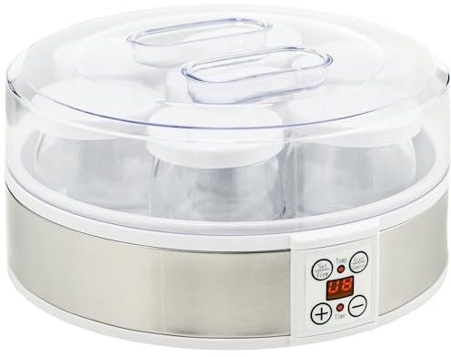 HOMCOM Yaourtière 7 pots en verre de 180ml, machine à yaourt électrique en acier inoxydable avec minuterie, thermostat réglable et affichage LED pour des desserts maison sains blanc