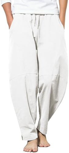 COOFANDY Men's Linen Trousers Lightweight Summer Casual Pants Drawstring Waist Trousers with Pocket for Men White L