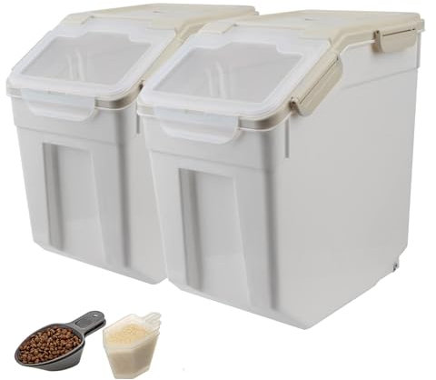 ANMOO Airtight Flour Storage Container Set of 2 20KG Rice Food Storage Bucket Dry Food Dispenser Large Grain Sealed Container With Wheels BPA-Free Storage Bins with Scoop（Grey）