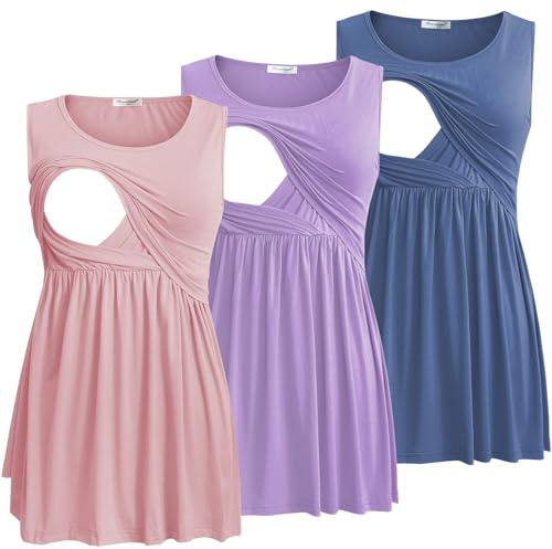 Bearsland kvinnor nursing tanktoppar ärmlös skopp hals mjuk bröstfeeding kläder maternity skjorta, Haze Blue&Light Purple&rosa, XXL