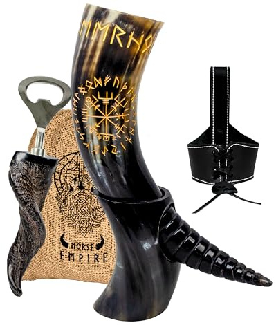 NORSE EMPIRE Genuine Ox-Horn Viking Drinking Horn Unique & Hand Crafted with Bottle Opener, Leather Holster Food Grade Tankard Cup for Drink Beer, Ale, Mead, Whiskey Gift For Men & Women…