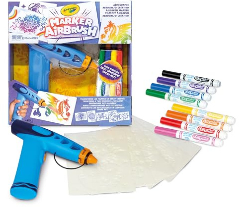 CRAYOLA Marker Airbrush - Aerografo Creativo per Bambini con 8 Pennarelli Lavabili e 5 Stencil, Giocattolo Educativo per Attività Artistiche, da 6 anni, 74-7696