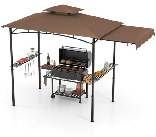 HOMASIS 3 m Tonnelle de Jardin Pliante Extérieur avec Auvent Latéral, Gazebo Barbecue avec Double Toit, 2 Tables, Crochets et Ouvre-Bouteilles, Pergola de Réception Résistant aux Intempéries (Brun)
