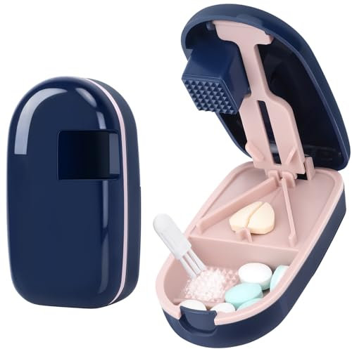 Alyvisun Taglia Pastiglie, Taglia Pillole Di Precisione Portatile, Taglio V con Macinatura, Comprimido che Scivola Automaticamente, Protezione Lama di Sicurezza e Stoccaggio (Blu)
