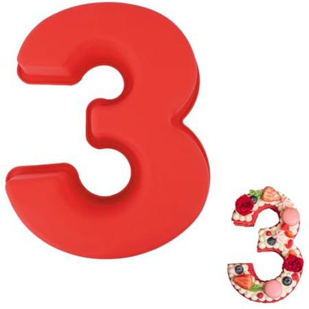 Vicloon Silikon Kuchenform Zahlen Groß, Silikon Backform Zahl 3, Antihaftend Silikons Backform, Eingedickt Number Cake Backforms, Besondere Backforms für Küche, Torte, Brot, Backen, Pudding- Rot
