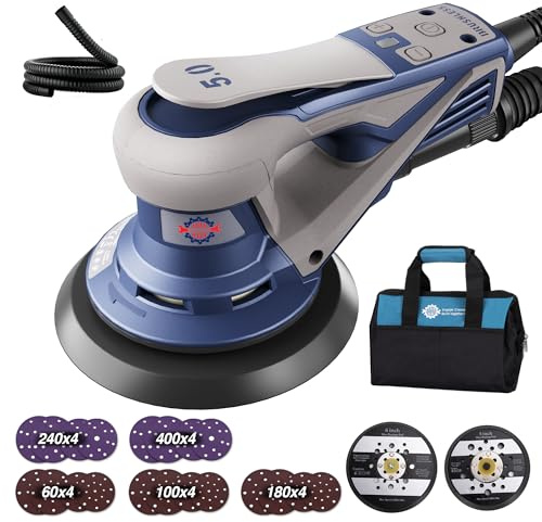 HeroJet Bürstenloser Exzenterschleifer mit 150/125 mm Schleifteller, 5,0 mm 350 W Exenterschleifmaschine mit 20 Schleifpapiere, 7-Stufige Drehzahlregelung bis zu 10.000 U/min mit Werkzeugtasche