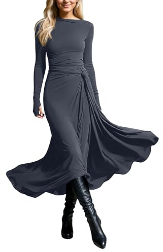 Abito avvolgente da donna, lungo, a maniche lunghe, maxi abito da sposa, abito primaverile, elegante, da cocktail, linea A, per il tempo libero, grigio., M