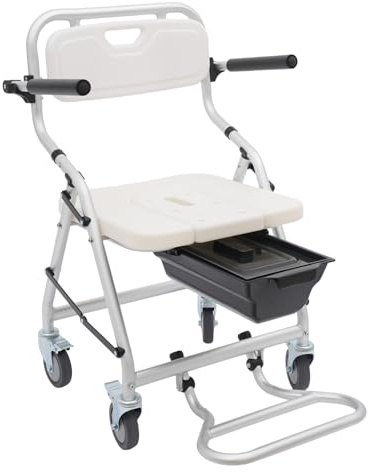 Silla de ducha para inodoro con ruedas, silla de inodoro plegable con cubo, respaldo, silla de ruedas con reposapiés y reposabrazos, capacidad de carga de 150 kg