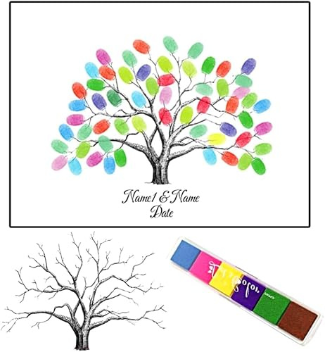 QWEPU Fingerprint Tree For Wedding, GuestBook Canvas DIY Signature Poster Coloured Gift Selection on Canvas for Wedding Reception Keep The Memory Personalised GuestBook 21 x 30 cm