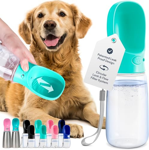 MalsiPree Hunde Wasserflasche - Auslaufsicher & Tragbarer Welpen Wasserspender mit Trinkfutterstation für Haustiere - Hundezubehör zum Spazierengehen, Wandern, Reisen - Welpen Zubehör - Blau, 550ML