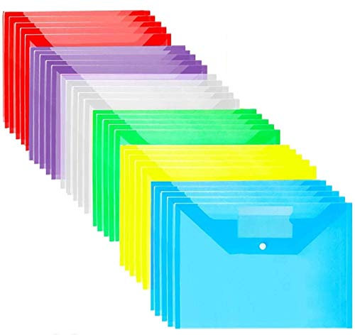 Plastic Wallets A4-30 Pack Plastic Folders Waterproof Document Wallet Files Folder Clear A4 Wallets with Popper Wallet for Home, School, Travel and Office Supplies Storage, Assorted Colours
